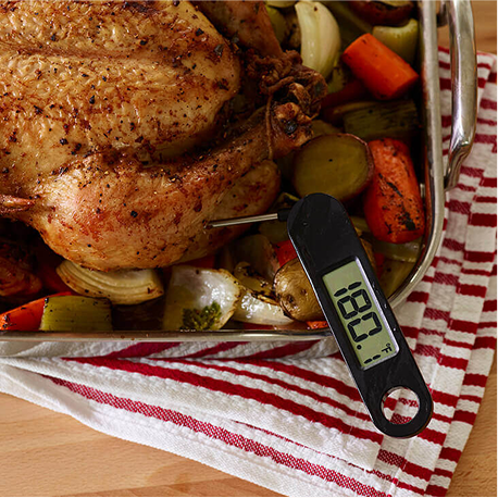 Whole roasted chicken in roasting pan with vegetables and digital thermometer reading 180 degrees